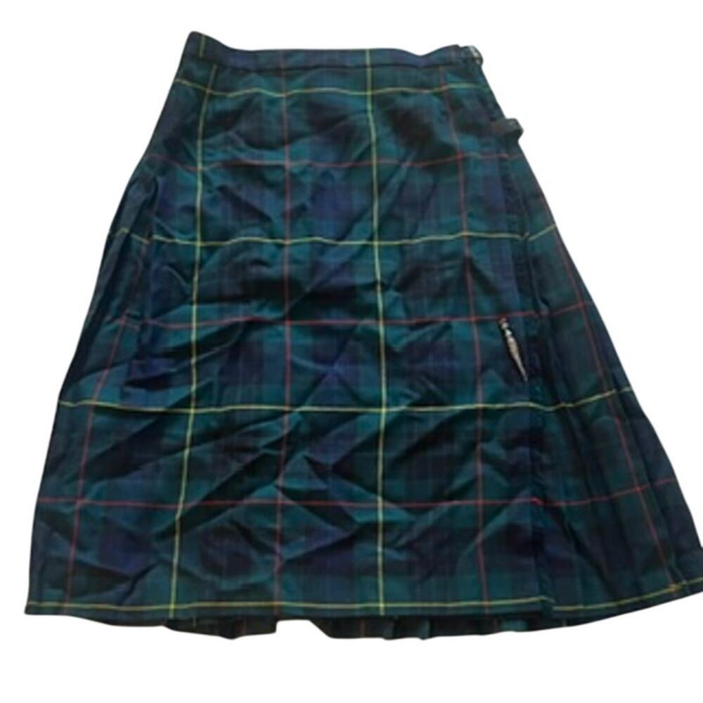 D. MacArthur Scottish Plaid Skirt with Sterling Thistle Pin UK 16/US 12